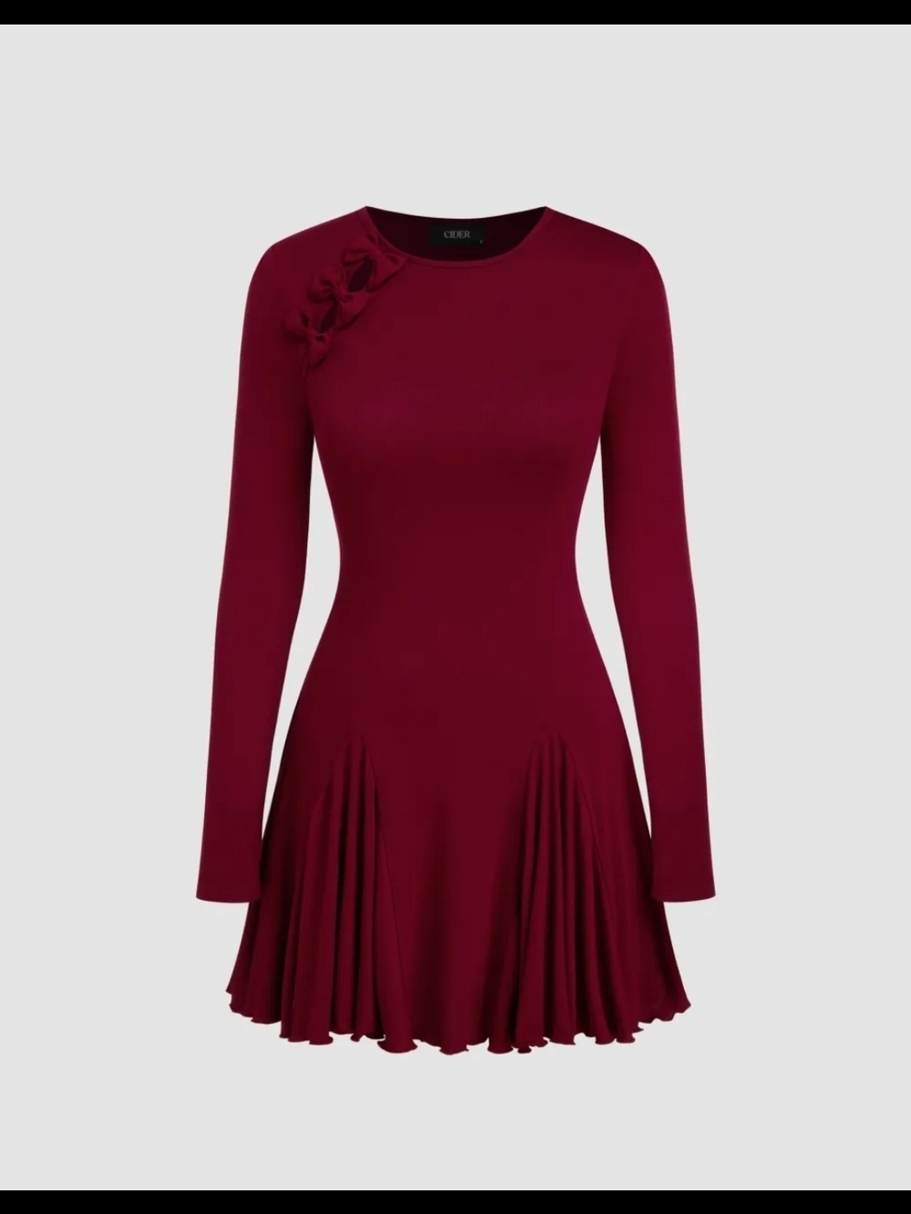 Burgundy Long-Sleeve Fit & Flare Dress